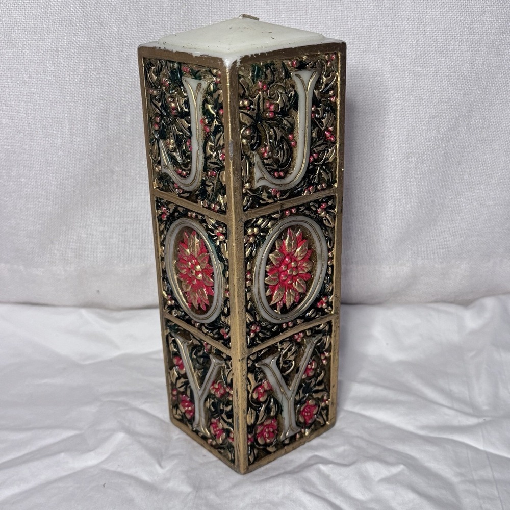 Vintage JOY Christmas Wax Candle Intricate 70s 9" Square Japan Beacon Hill Gold